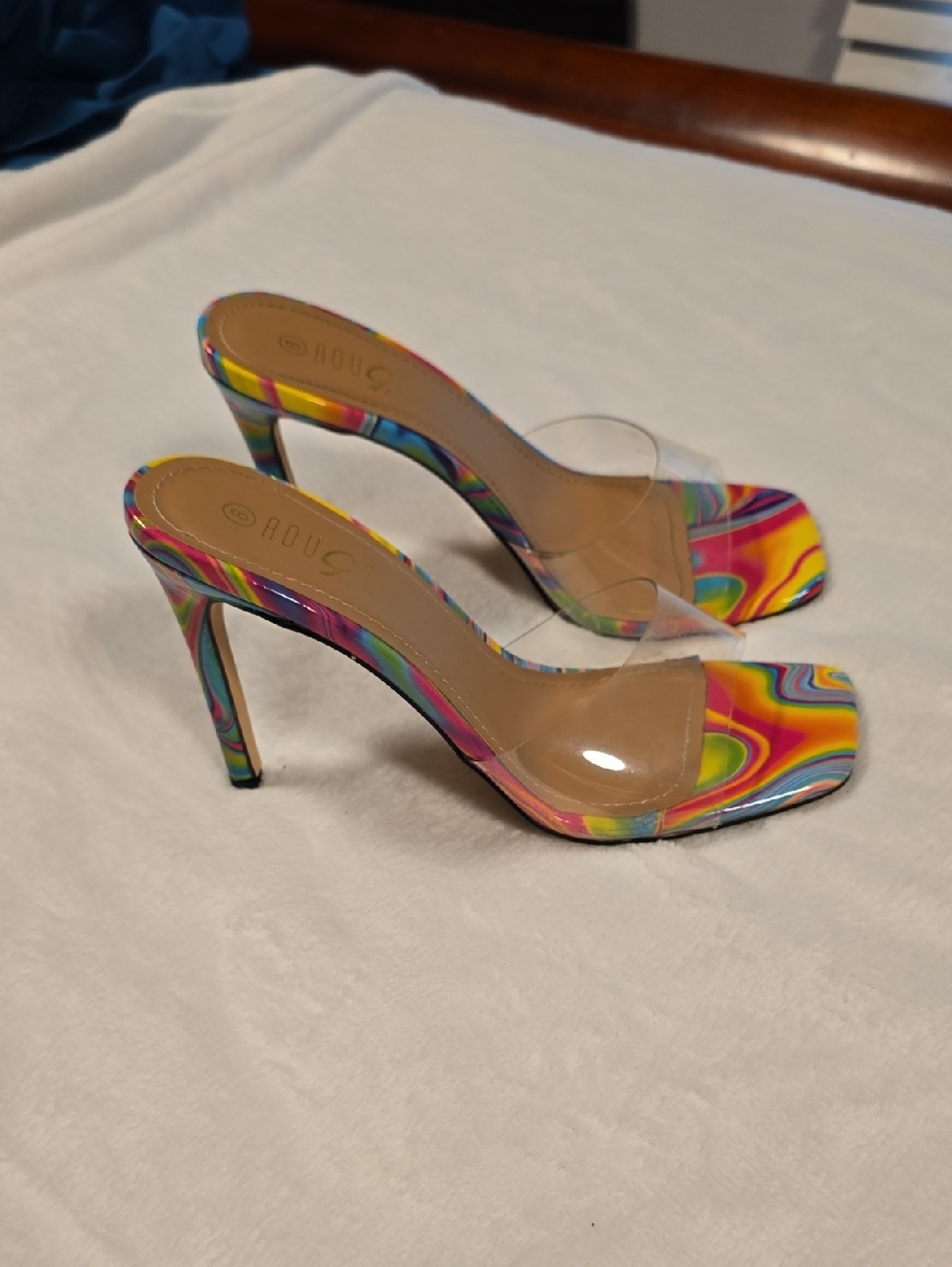 Rouge Helium Multicolor Swirl Stiletto‎ Mules with Clear Strap Size 8